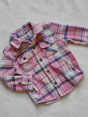 Super Cute Pink White & Blue Plaid Fleece Jacket | Buttondown Fall Coat | 2T